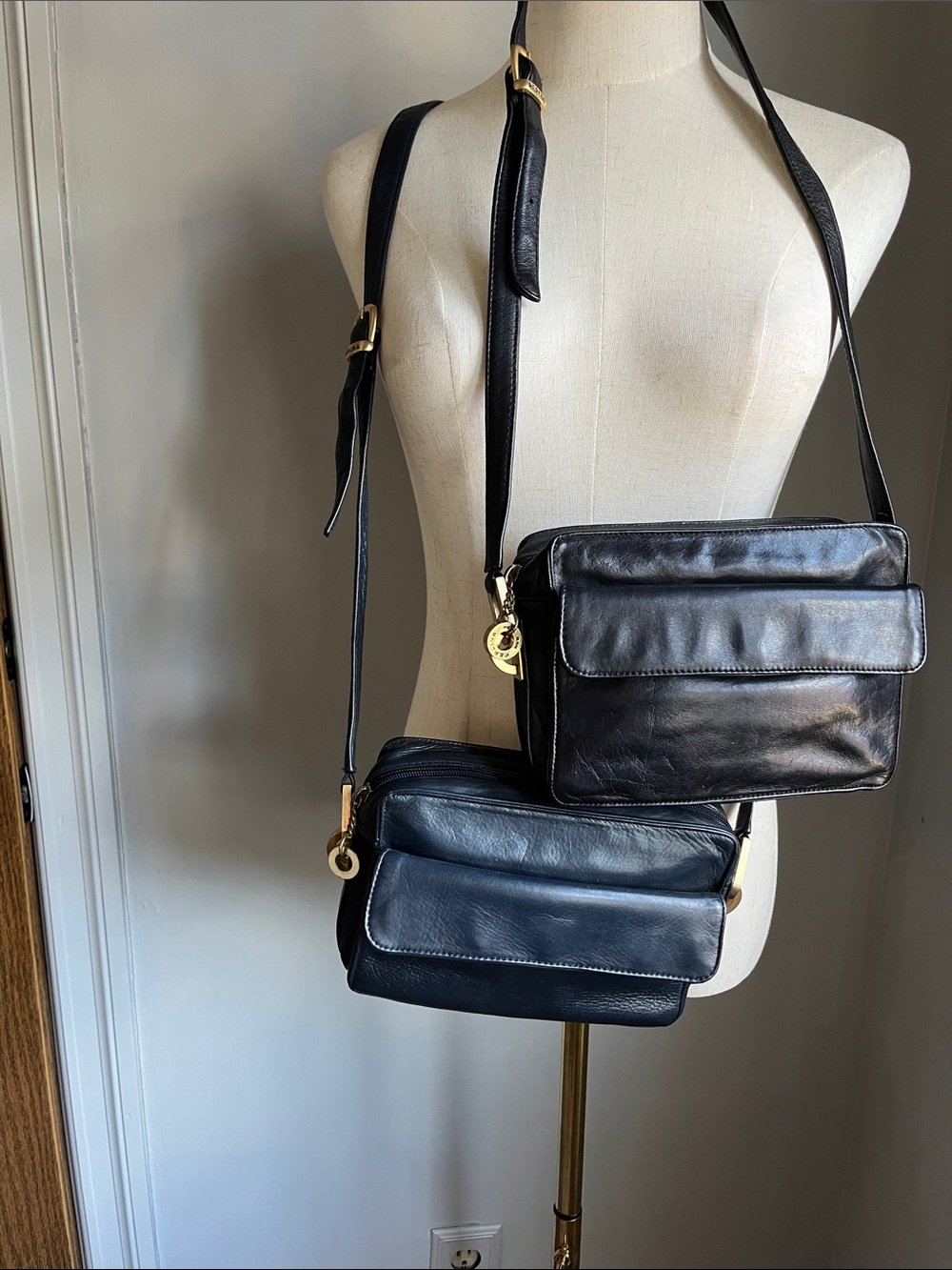 2 Perlina Black & Navy Leather Crossbody Bags